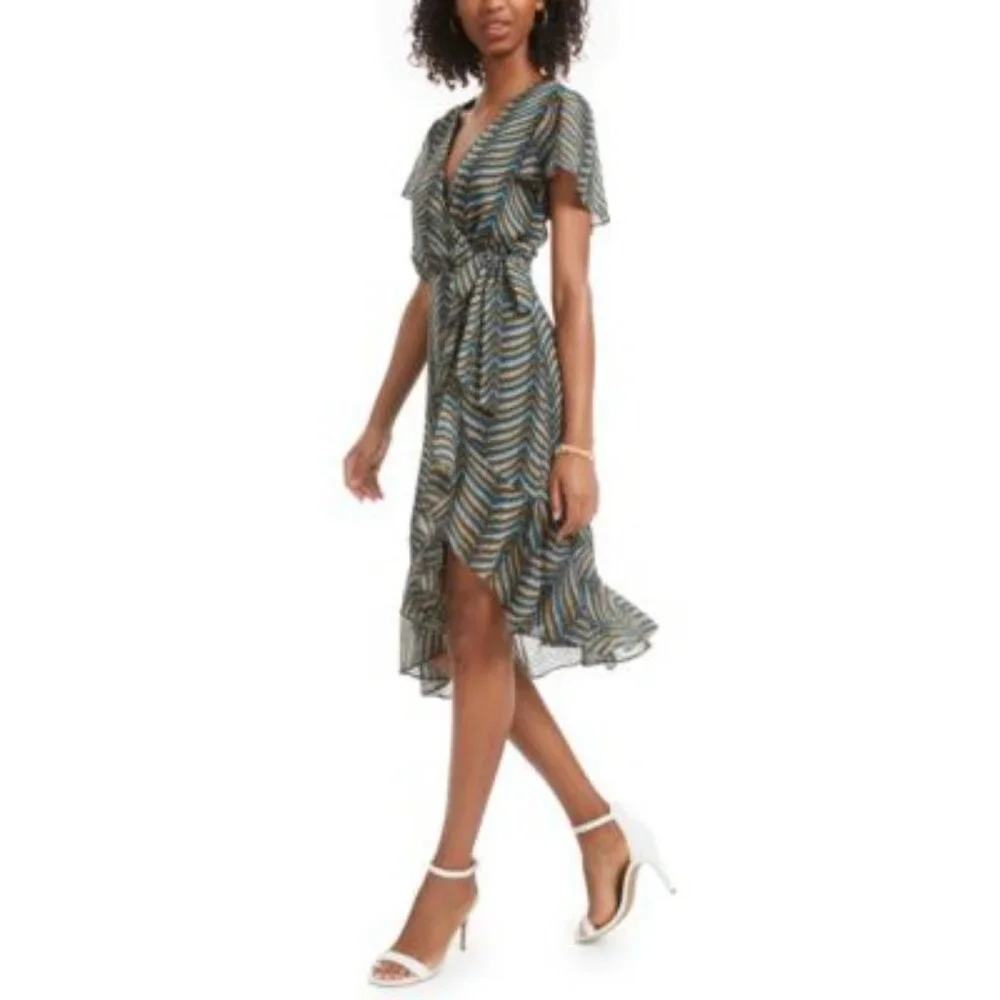NWT City Studio Size 15 Multicolor Chevron Wrap Dress Ruffle Hem V-Neck - Picture 4 of 16